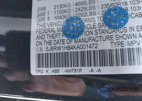 2019 Honda Cr-V Exl из США, поврежденный, VIN 5J6RW1H84KA001472